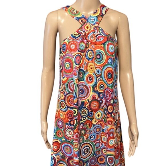 Colorful‎ Circle Print Dress Sleeveless Criss Cross Halter Neck Party - Picture 1 of 7